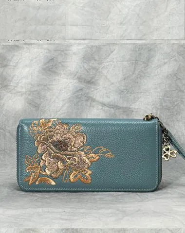 Peony Embroidery Black Leather Peony Wristlet Wallet Womens Zip Around Wallets Flowers Peony Ladies Zipper Clutch Wallet for Women