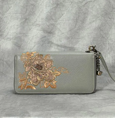 Peony Embroidery Black Leather Peony Wristlet Wallet Womens Zip Around Wallets Flowers Peony Ladies Zipper Clutch Wallet for Women