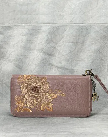 Peony Embroidery Black Leather Peony Wristlet Wallet Womens Zip Around Wallets Flowers Peony Ladies Zipper Clutch Wallet for Women