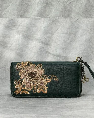 Peony Embroidery Black Leather Peony Wristlet Wallet Womens Zip Around Wallets Flowers Peony Ladies Zipper Clutch Wallet for Women