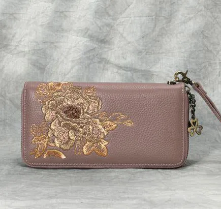 Peony Embroidery Blue Leather Peony Wristlet Wallet Womens Zip Around Wallets Flowers Peony Ladies Zipper Clutch Wallet for Women