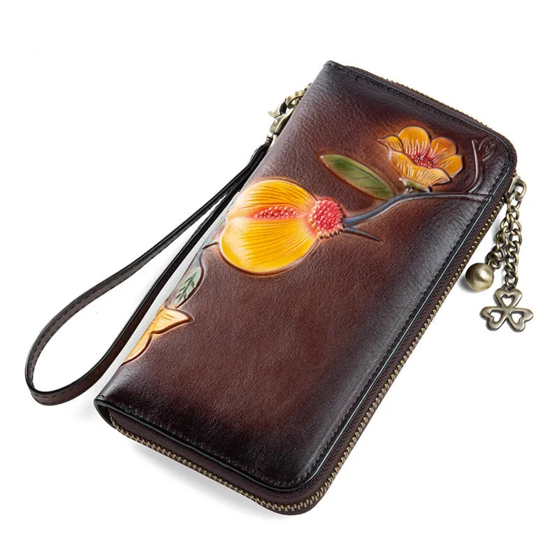 Plum Blossom Flower Tan Leather Wristlet Wallet Womens Zip Around Wallets Flower Ladies Zipper Clutch Wallets for Women