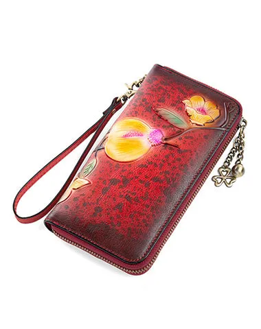 Plum Blossom Flower Tan Leather Wristlet Wallet Womens Zip Around Wallets Flower Ladies Zipper Clutch Wallets for Women