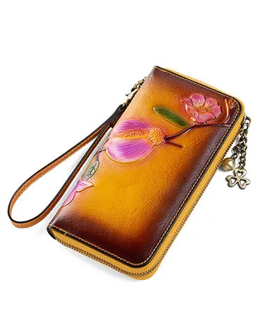 Plum Blossom Flower Tan Leather Wristlet Wallet Womens Zip Around Wallets Flower Ladies Zipper Clutch Wallets for Women