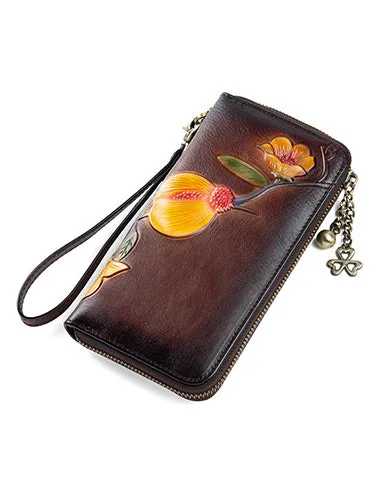 Plum Blossom Flower Tan Leather Wristlet Wallet Womens Zip Around Wallets Flower Ladies Zipper Clutch Wallets for Women