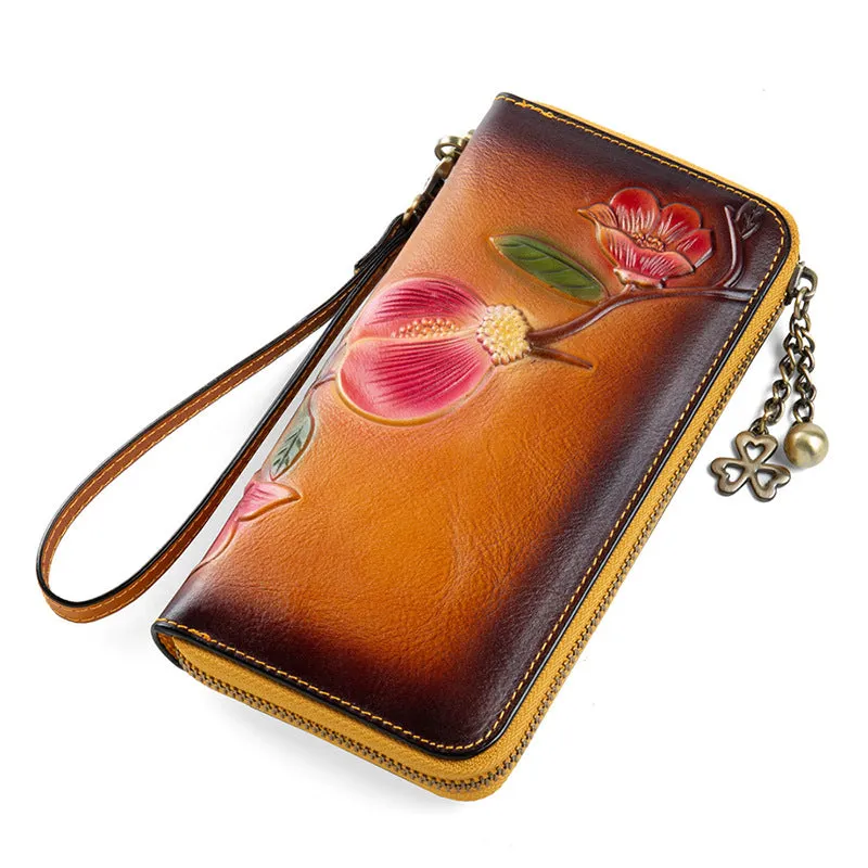 Plum Blossom Flower Tan Leather Wristlet Wallet Womens Zip Around Wallets Flower Ladies Zipper Clutch Wallets for Women