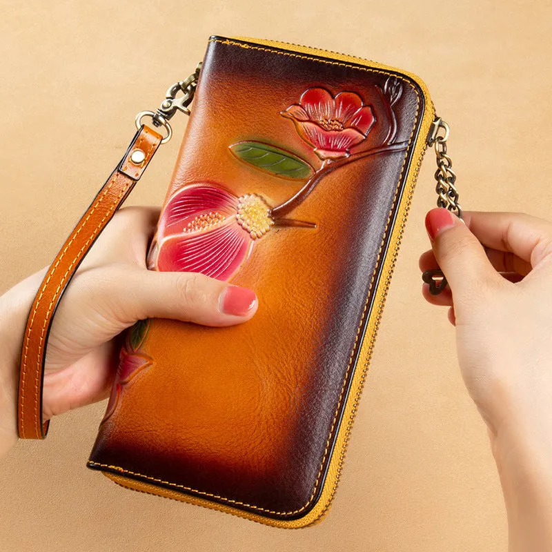 Plum Blossom Flower Tan Leather Wristlet Wallet Womens Zip Around Wallets Flower Ladies Zipper Clutch Wallets for Women