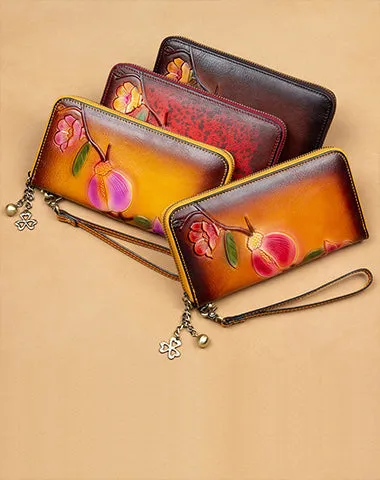 Plum Blossom Flower Tan Leather Wristlet Wallet Womens Zip Around Wallets Flower Ladies Zipper Clutch Wallets for Women