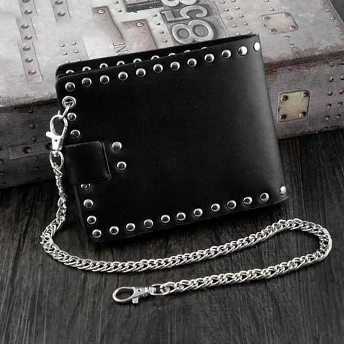 Punk Black Leather Men's Star Small Biker Wallet Chain Wallet Rock Rivet Black billfold Wallet with Chain For Men