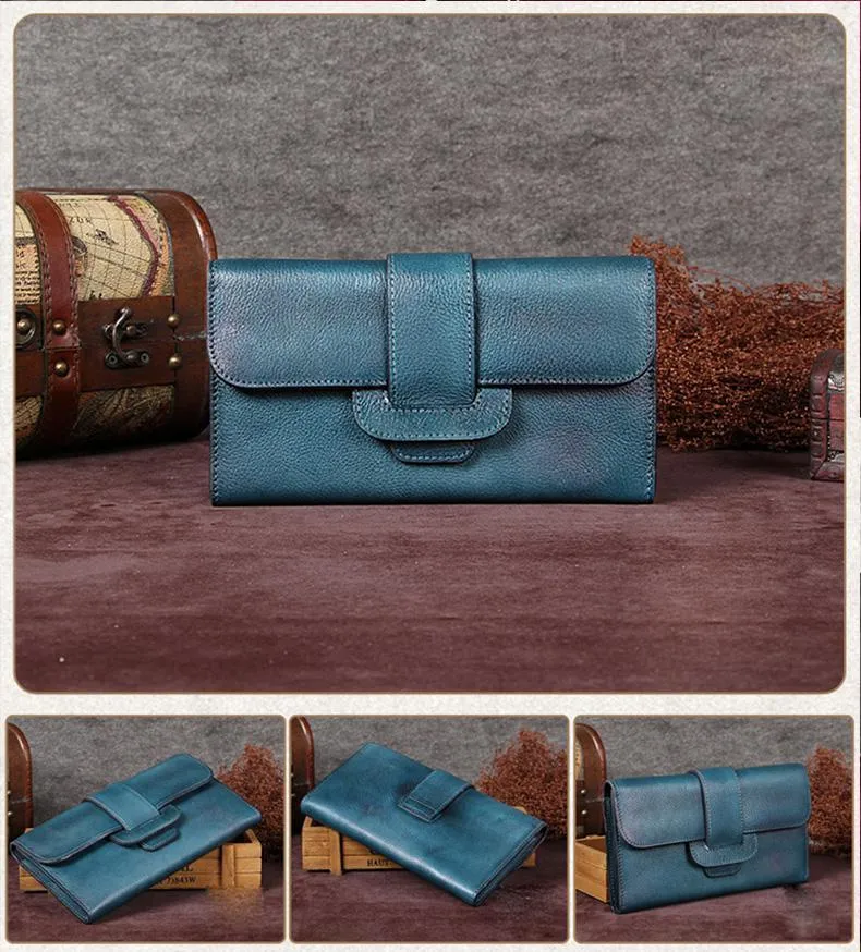 Purple Vintage Leather Wallet Womens Blue Long Wallet Womens Red Clutch Purse for Ladies