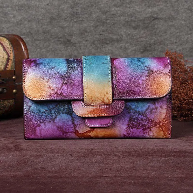 Purple Vintage Leather Wallet Womens Blue Long Wallet Womens Red Clutch Purse for Ladies