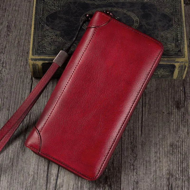 Purple Womens Vintage Leather Green Long Wallet Zipper Brown Clutch Long Wristlet Wallet for Ladies