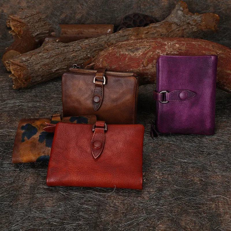 Red Small Leather Bifold Wallet Vintage Billfold Cute Women Buckle Wallet For Ladies