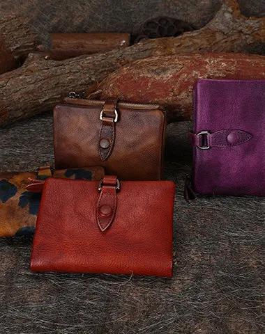 Red Small Leather Bifold Wallet Vintage Billfold Cute Women Buckle Wallet For Ladies