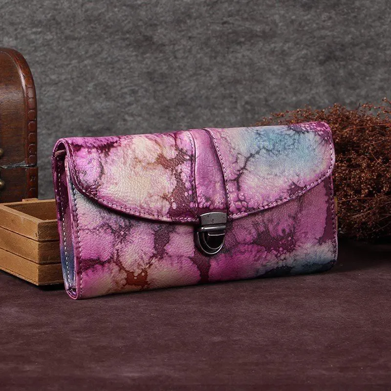 Red Womens Vintage Leather Bifold Wallet Long Wallet Brown Phone Clutch Wallet Purse for Ladies