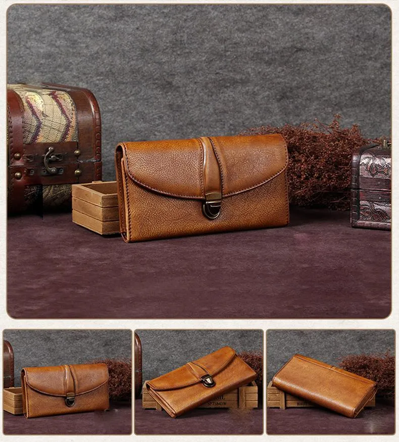 Red Womens Vintage Leather Bifold Wallet Long Wallet Brown Phone Clutch Wallet Purse for Ladies