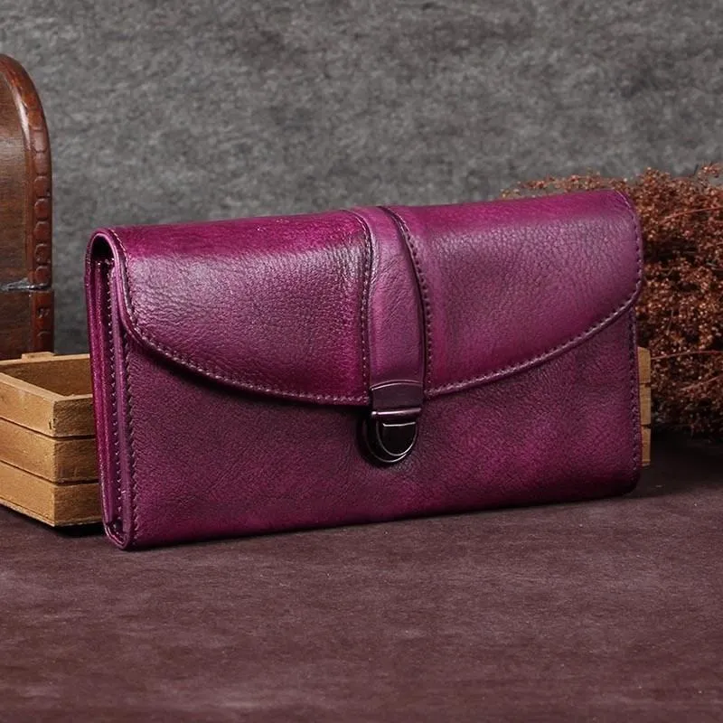 Red Womens Vintage Leather Bifold Wallet Long Wallet Brown Phone Clutch Wallet Purse for Ladies