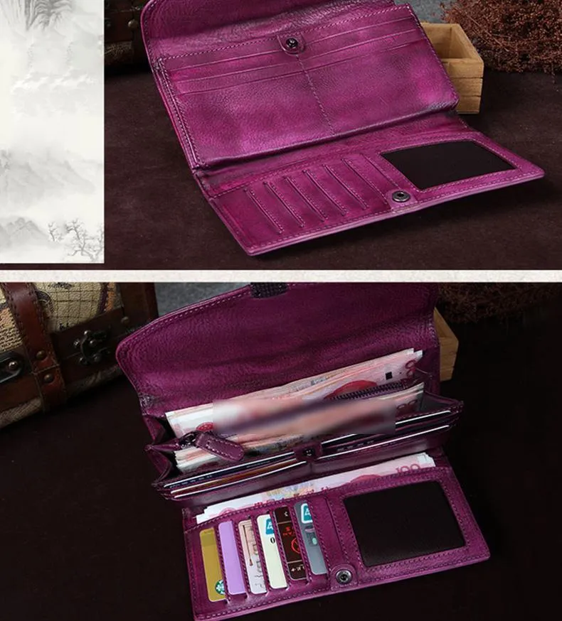 Red Womens Vintage Leather Bifold Wallet Long Wallet Brown Phone Clutch Wallet Purse for Ladies