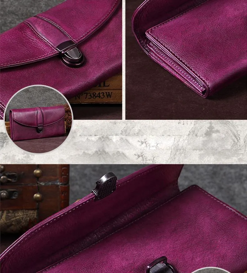 Red Womens Vintage Leather Bifold Wallet Long Wallet Brown Phone Clutch Wallet Purse for Ladies