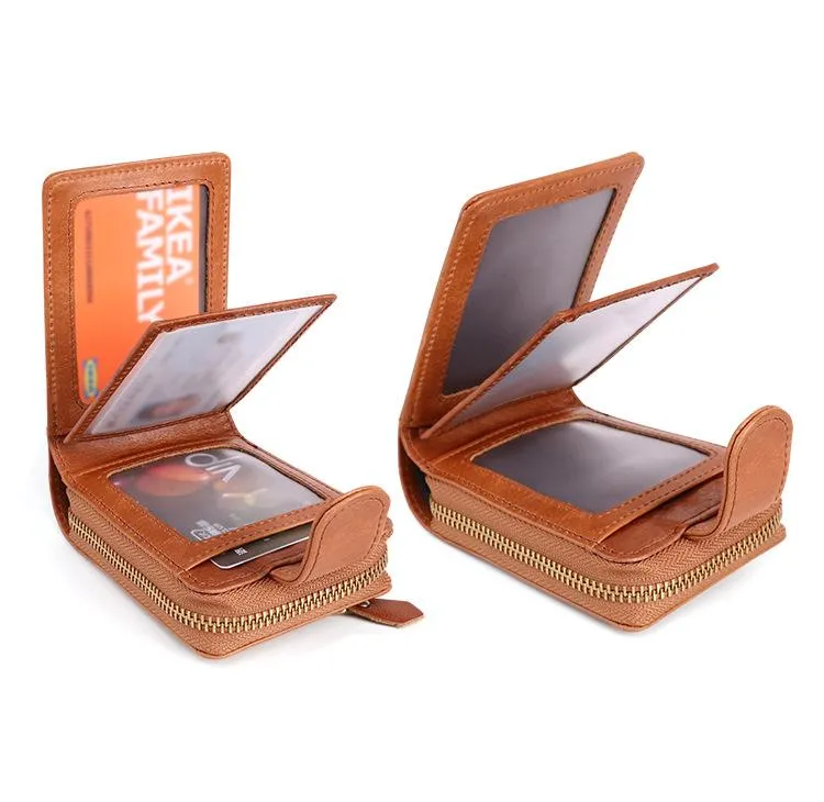 RFID Brown Leather Men's Zipper Small Card Wallet Small Card Holder For Men