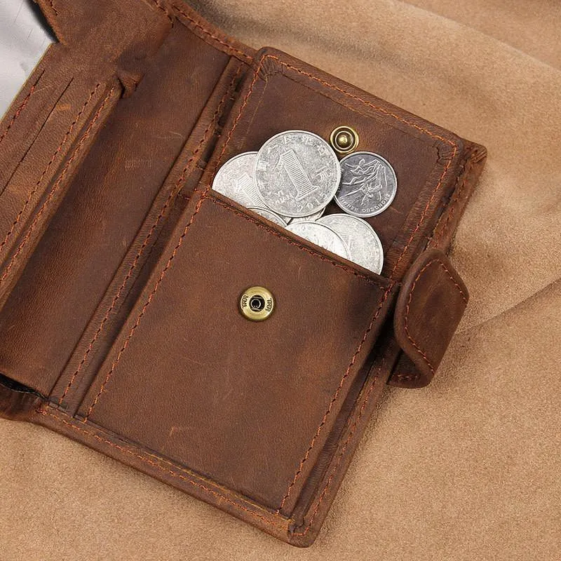 RFID Vintage Leather Men's Trifold Small Wallet Brown billfold Wallet For Men