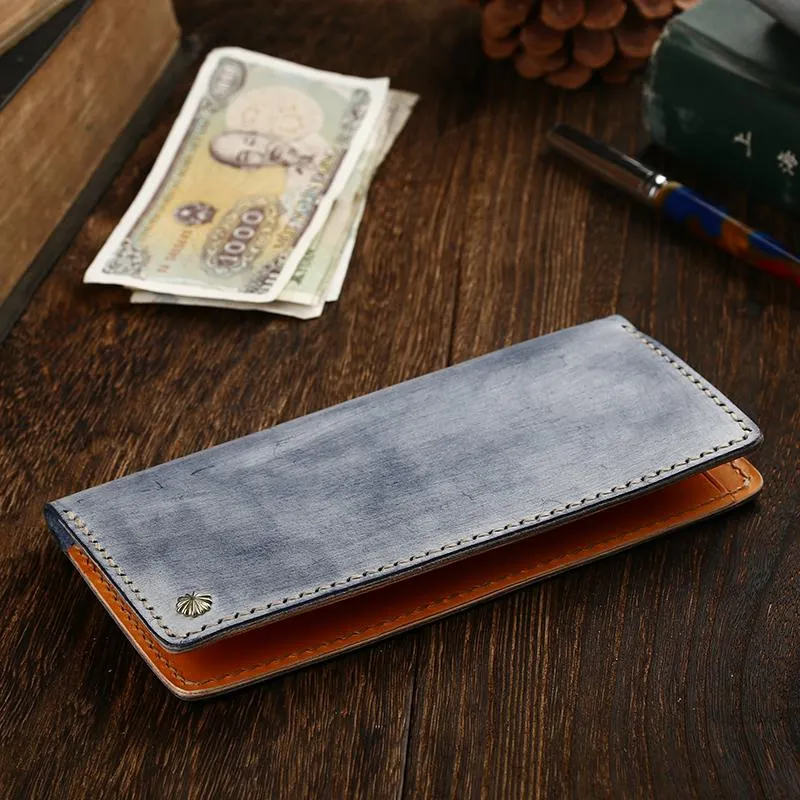 Simple Handmade Mens Brown Slim Long Wallet Blue Bifold Slim Card Wallet Clutch Wallet For Men