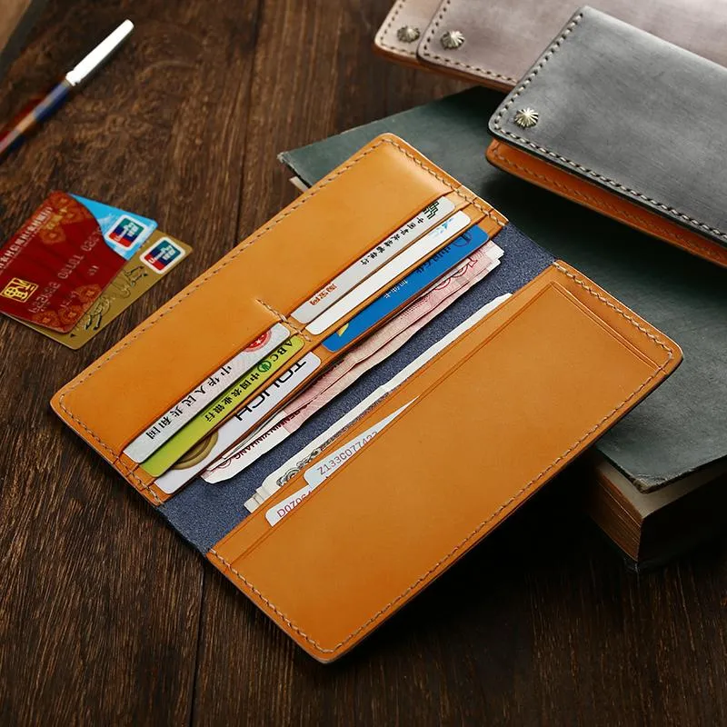Simple Handmade Mens Brown Slim Long Wallet Blue Bifold Slim Card Wallet Clutch Wallet For Men