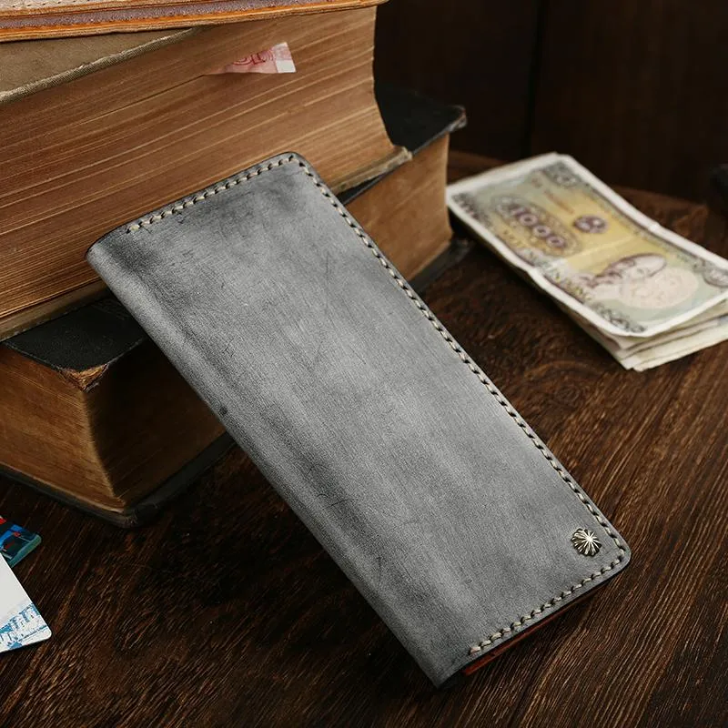 Simple Handmade Mens Brown Slim Long Wallet Blue Bifold Slim Card Wallet Clutch Wallet For Men