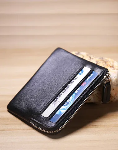 Slim Women Beige Leather Card Wallet Minimalist Zip Billfold Card Holder Wallet Coin Wallet For Women