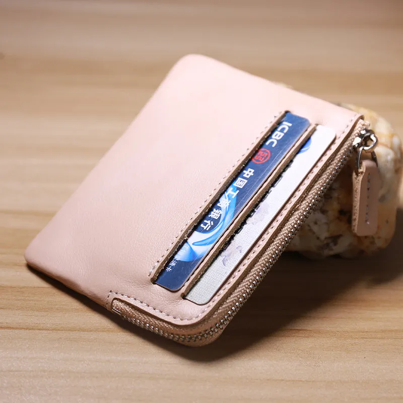 Slim Women Beige Leather Card Wallet Minimalist Zip Billfold Card Holder Wallet Coin Wallet For Women