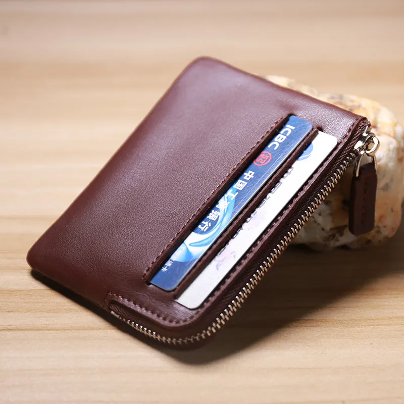 Slim Women Beige Leather Card Wallet Minimalist Zip Billfold Card Holder Wallet Coin Wallet For Women