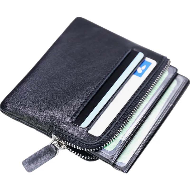 Slim Women Beige Leather Card Wallet Minimalist Zip Billfold Card Holder Wallet Coin Wallet For Women