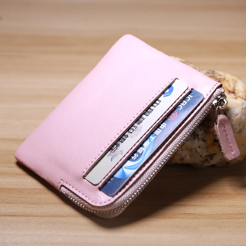 Slim Women Beige Leather Card Wallet Minimalist Zip Billfold Card Holder Wallet Coin Wallet For Women
