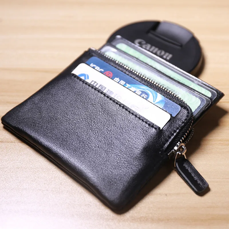 Slim Women Beige Leather Card Wallet Minimalist Zip Billfold Card Holder Wallet Coin Wallet For Women