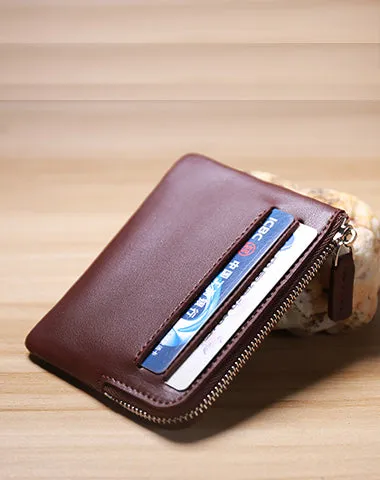 Slim Women Beige Leather Card Wallet Minimalist Zip Billfold Card Holder Wallet Coin Wallet For Women