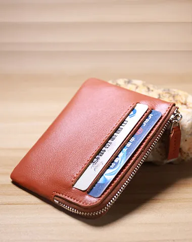 Slim Women Beige Leather Card Wallet Minimalist Zip Billfold Card Holder Wallet Coin Wallet For Women