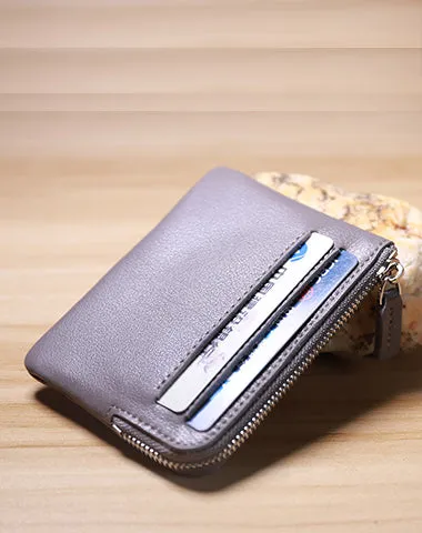 Slim Women Beige Leather Card Wallet Minimalist Zip Billfold Card Holder Wallet Coin Wallet For Women