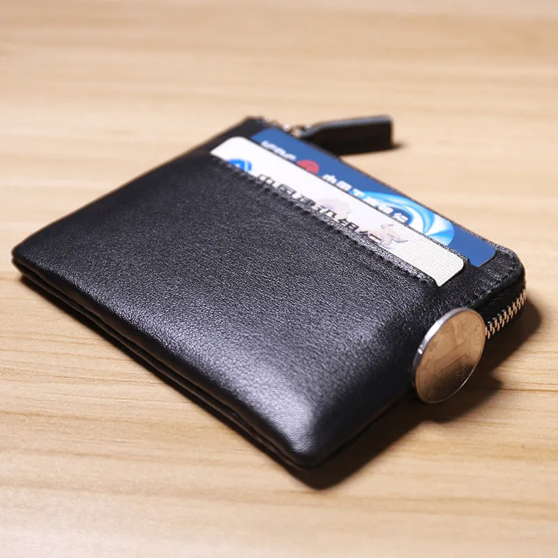 Slim Women Beige Leather Card Wallet Minimalist Zip Billfold Card Holder Wallet Coin Wallet For Women