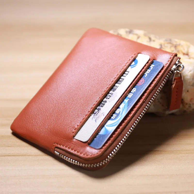 Slim Women Beige Leather Card Wallet Minimalist Zip Billfold Card Holder Wallet Coin Wallet For Women