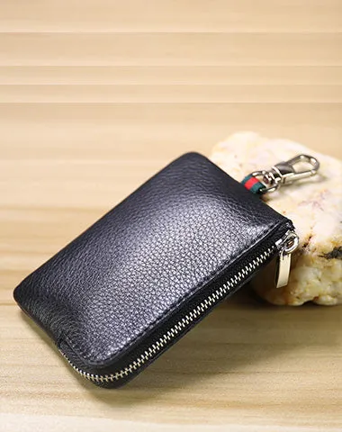 Slim Women Coffee Leather Zip Wallet with Keychains Minimalist Coin Wallet Small Zip Change Wallet For Women