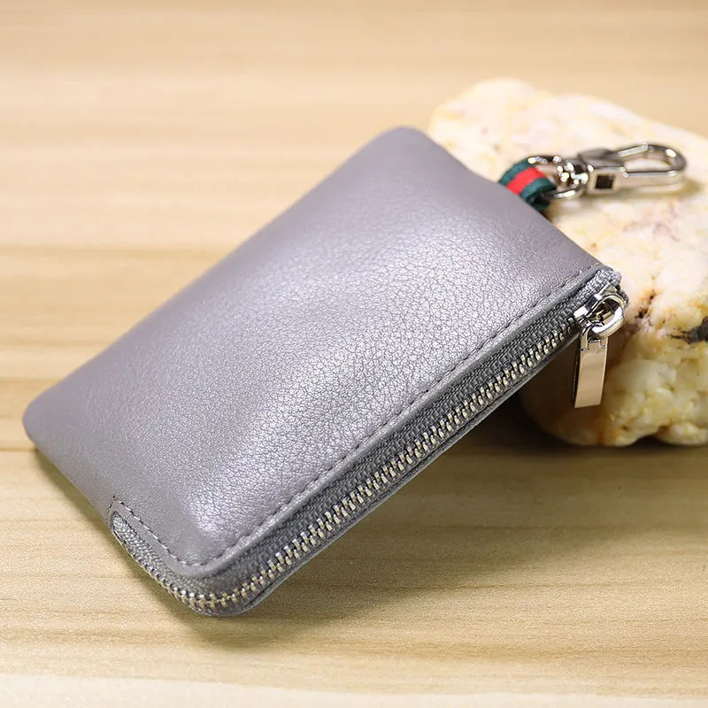 Slim Women Coffee Leather Zip Wallet with Keychains Minimalist Coin Wallet Small Zip Change Wallet For Women
