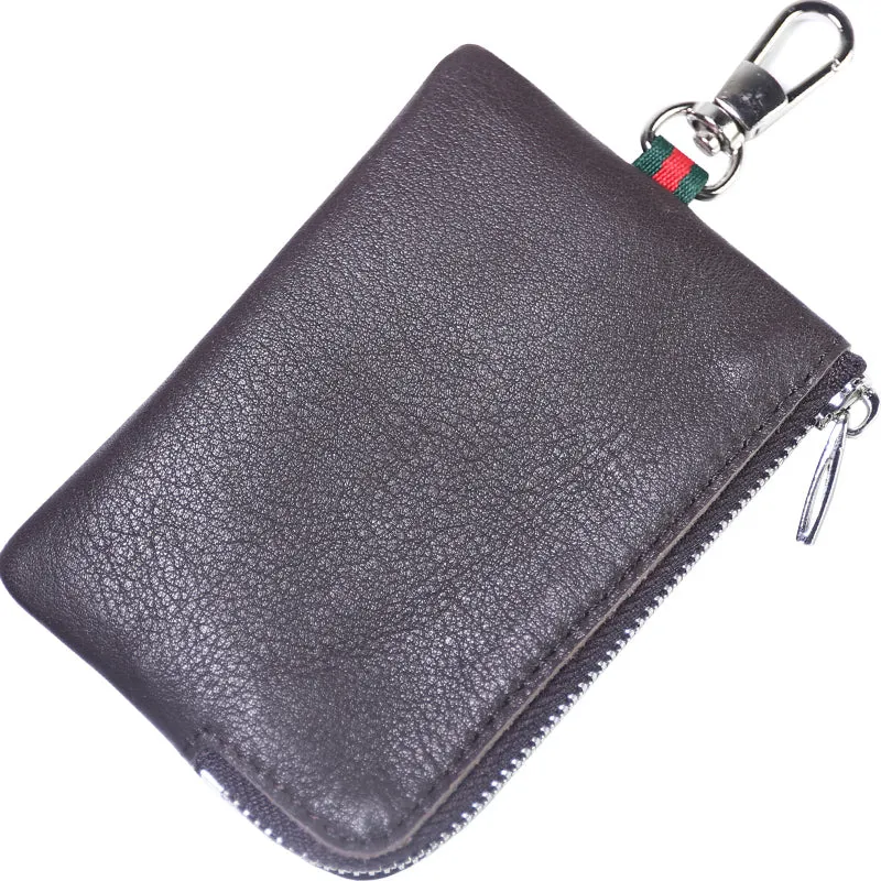 Slim Women Coffee Leather Zip Wallet with Keychains Minimalist Coin Wallet Small Zip Change Wallet For Women