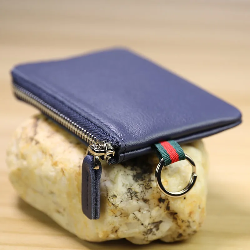 Slim Women Navy Leather Mini Zip Wallet with Keychain Billfold Minimalist Coin Wallet Small Zip Change Wallet For Women