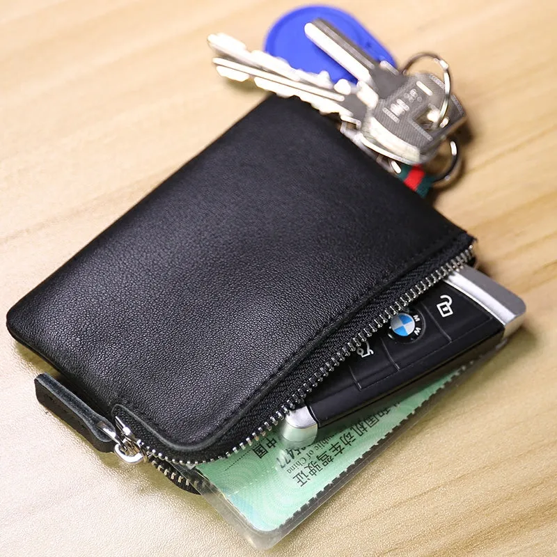 Slim Women Navy Leather Mini Zip Wallet with Keychain Billfold Minimalist Coin Wallet Small Zip Change Wallet For Women