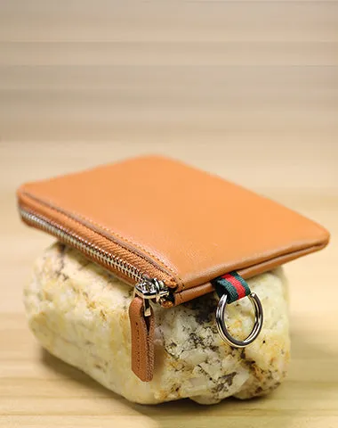 Slim Women Navy Leather Mini Zip Wallet with Keychain Billfold Minimalist Coin Wallet Small Zip Change Wallet For Women