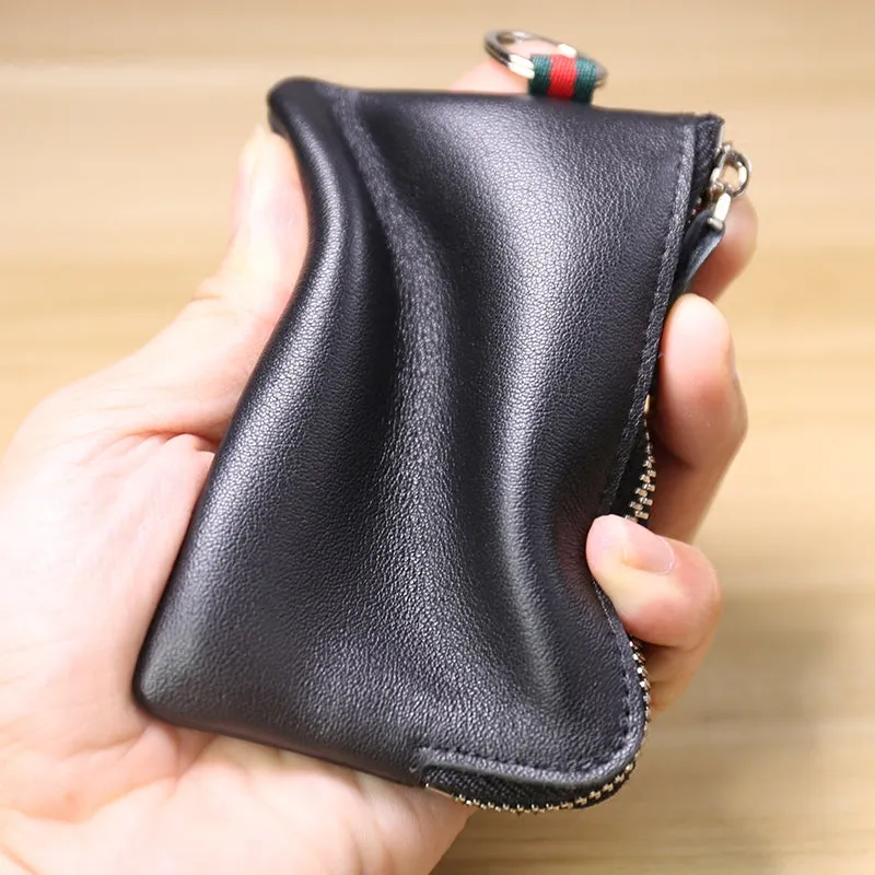 Slim Women Navy Leather Mini Zip Wallet with Keychain Billfold Minimalist Coin Wallet Small Zip Change Wallet For Women