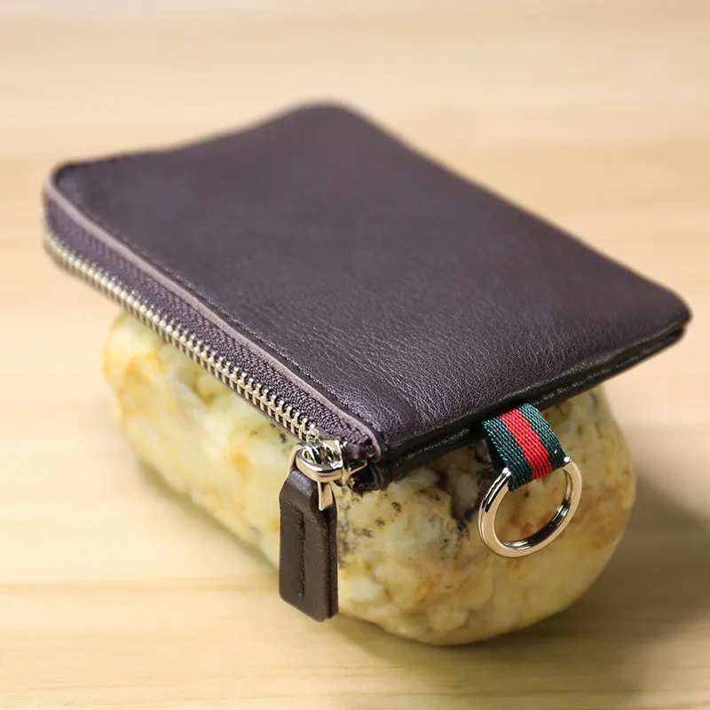 Slim Women Navy Leather Mini Zip Wallet with Keychain Billfold Minimalist Coin Wallet Small Zip Change Wallet For Women