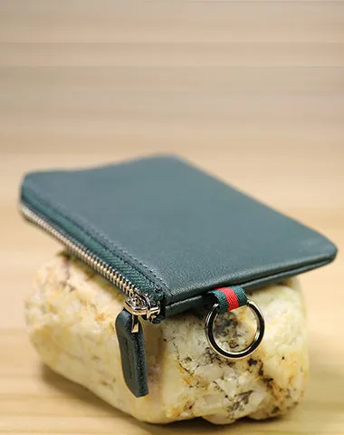 Slim Women Navy Leather Mini Zip Wallet with Keychain Billfold Minimalist Coin Wallet Small Zip Change Wallet For Women