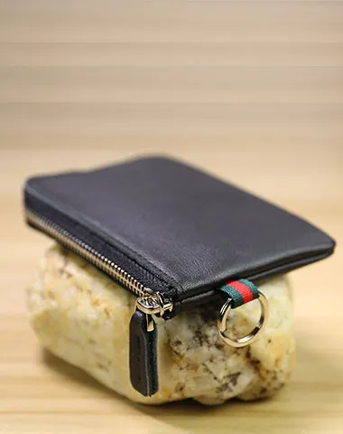 Slim Women Navy Leather Mini Zip Wallet with Keychain Billfold Minimalist Coin Wallet Small Zip Change Wallet For Women