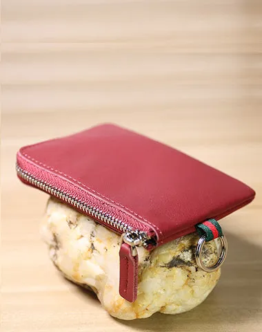 Slim Women Navy Leather Mini Zip Wallet with Keychain Billfold Minimalist Coin Wallet Small Zip Change Wallet For Women